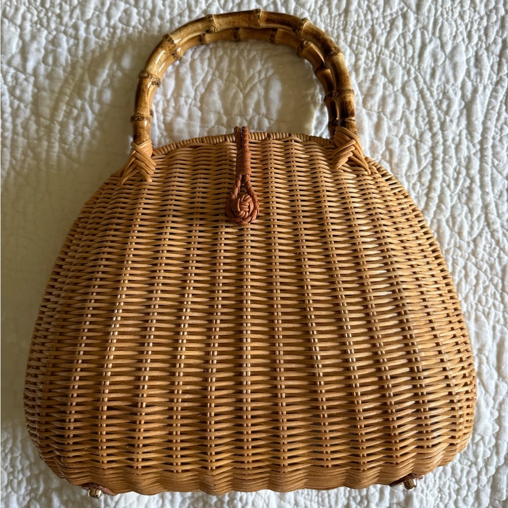 J. McLaughlin Wicker Top Handle Handbag with Bamboo Handle - Picture 2 of 6